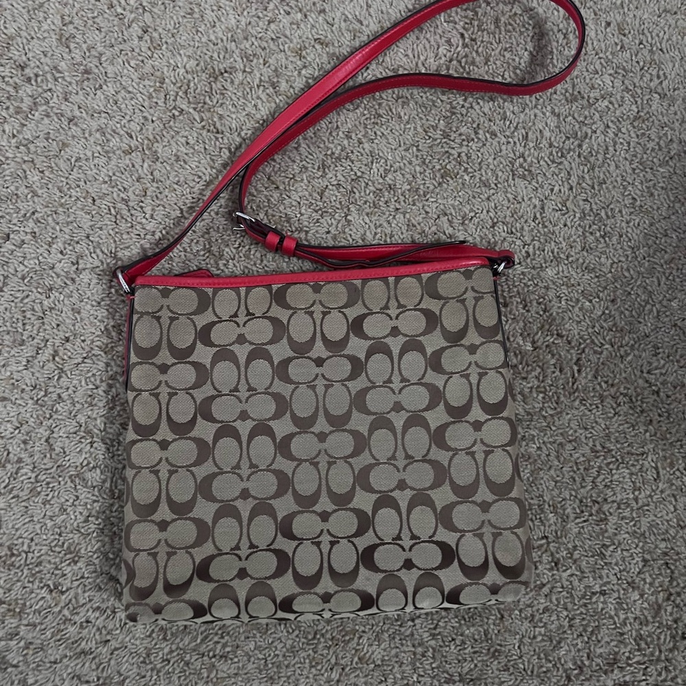 Coach Tan and Red Signature Crossbody Bag - Picture 7 of 7